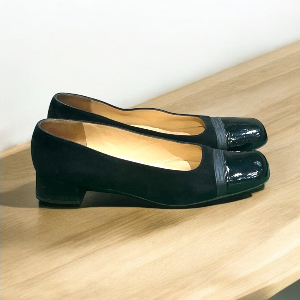 Salvatore Ferragamo Square Toe Pumps Black Suede Size 11.